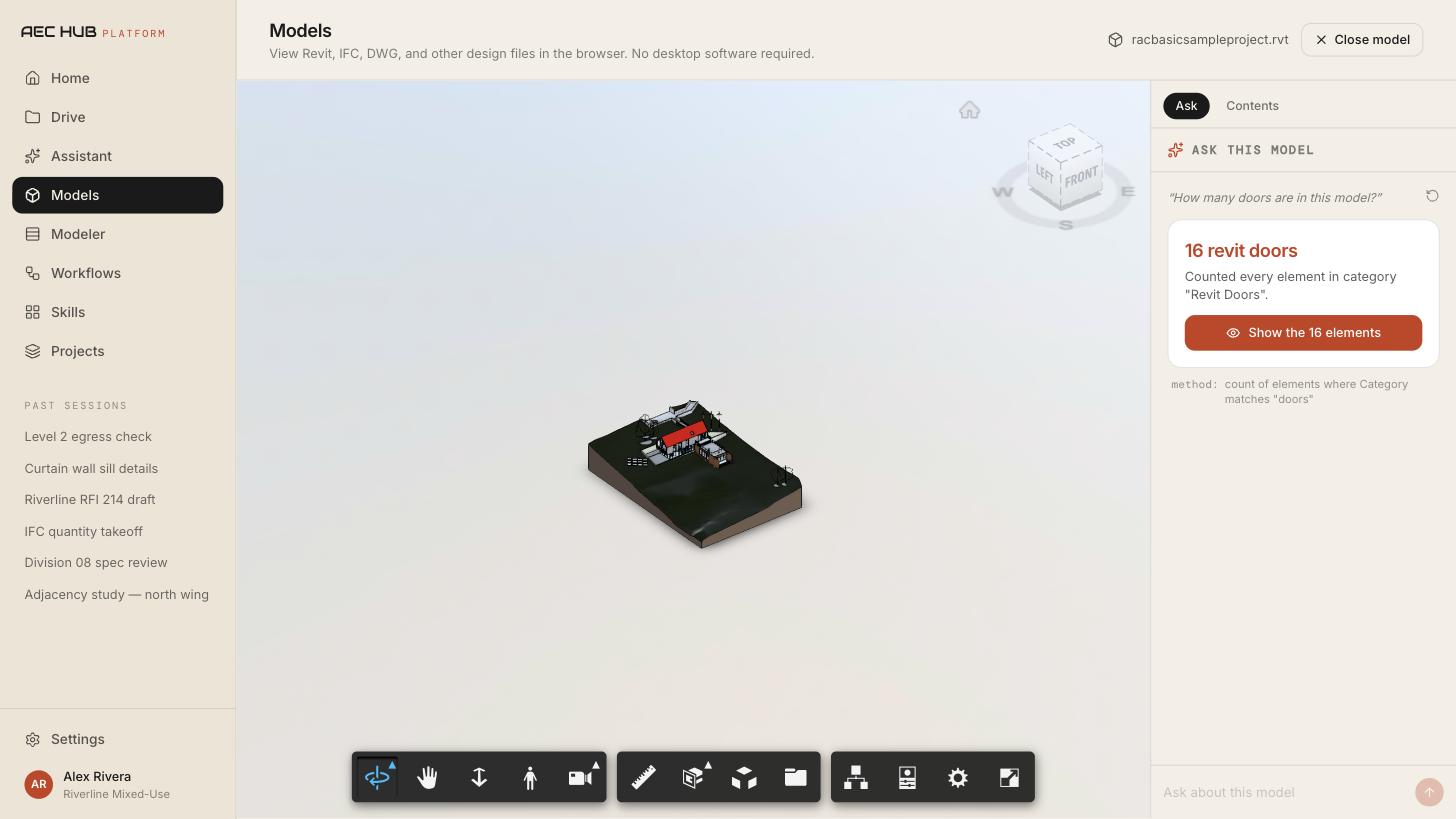 AEC Hub Platform model query highlighting doors that fail an accessibility check