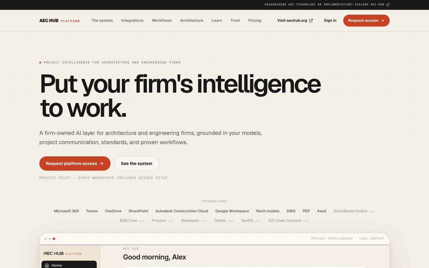 AEC Hub Platform homepage with its list of integrations