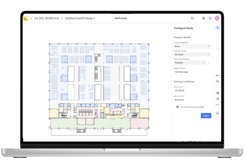 Google Planning Tool Interface showing TestFit Study with floor plan and configuration panel